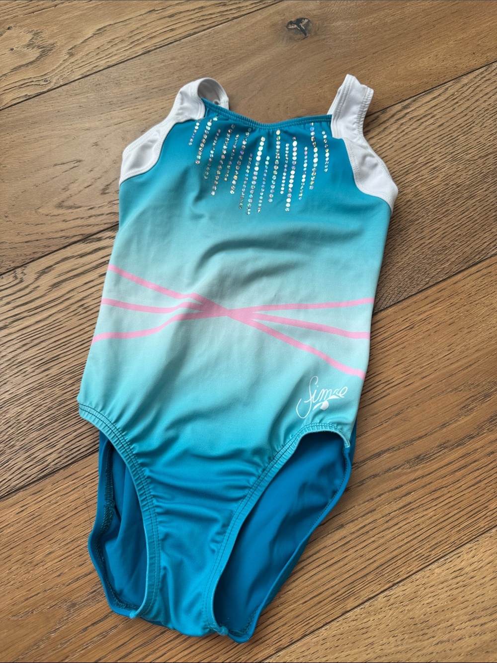 GK Teal Ombre Kids One-Piece Leotard with Pink Accent and White Straps
